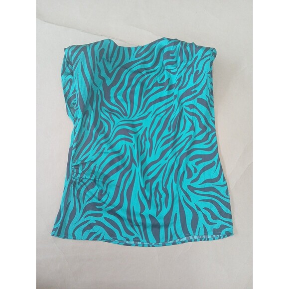 Rachel Roy Blouse Top Womens M Teal Zebra Print Shoulder Pads Satin - Picture 1 of 7